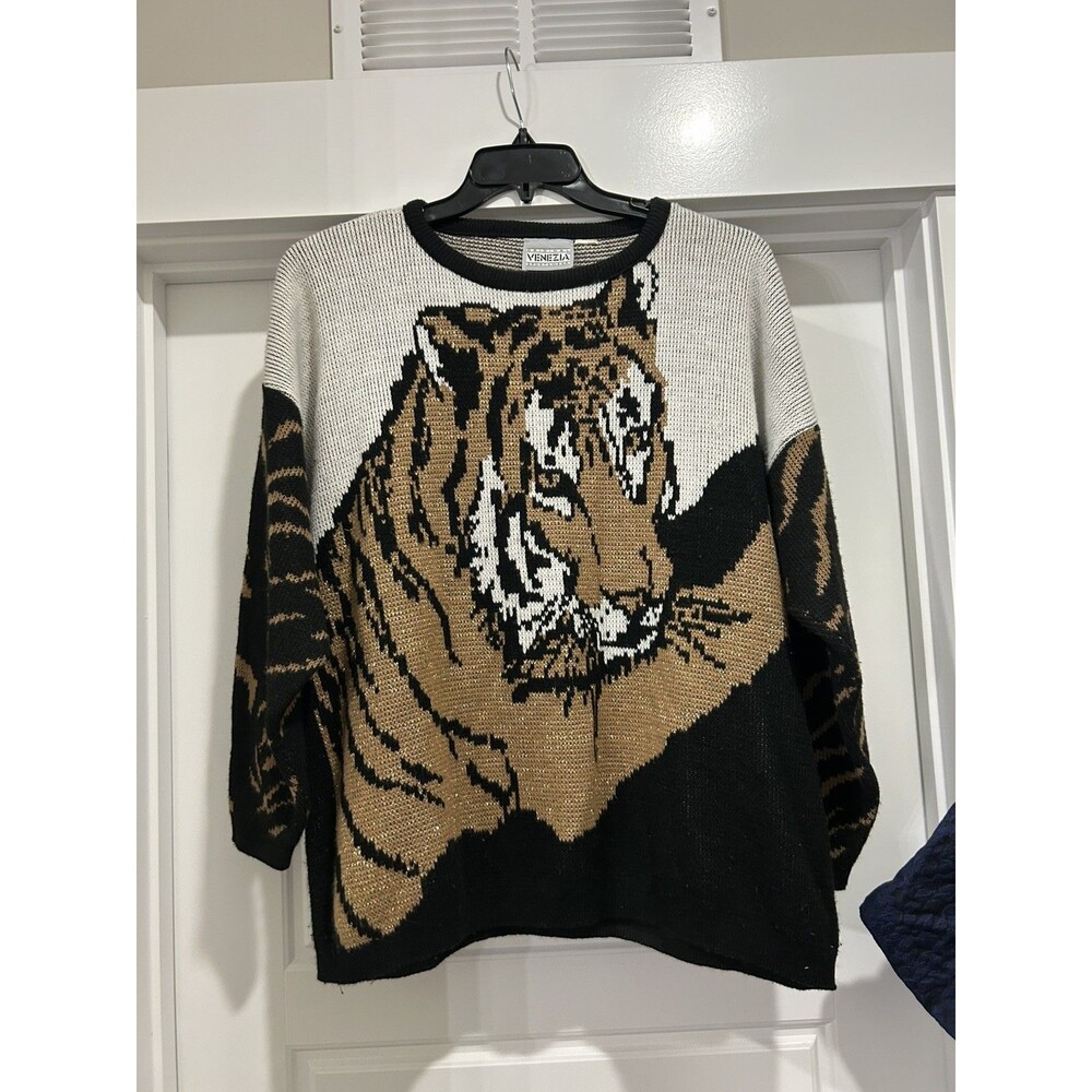 Venezia Vintage 90’s Glitter Yarn Tiger Animal Print Sweater XL Game Day City